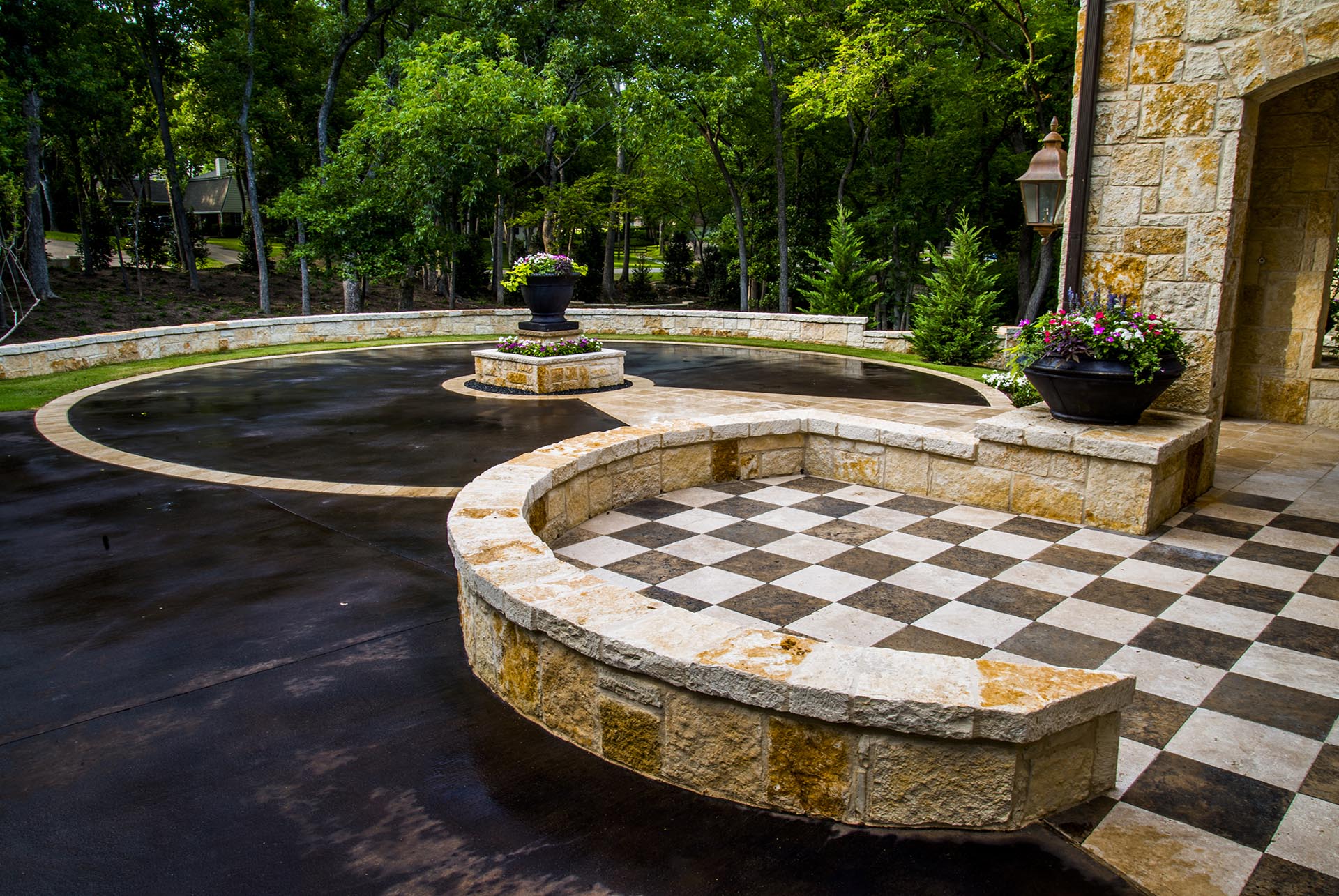 Blanco French Country garden auto court patio in Dallas by landscape architect