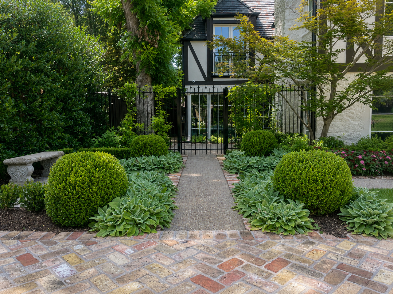 Historic Tudor Revival Garden in Dallas’ Lakewood Conservation District - boxwood spheres with iron gate and brick - luxury estate landscape design in Lakewood, Dallas